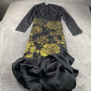 Beautifly Long Maxi Dress Womens Medium Black Gold Floral Long Sleeve